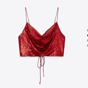 Zara Red Sequin Open Back Crop Top - Medium - With Tags - Never Before Worn